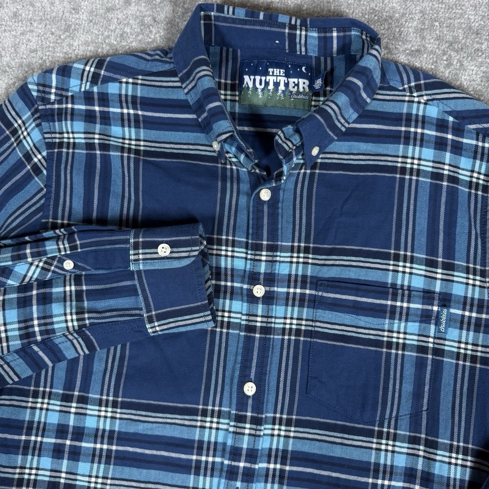 Chubbies Flannel Shirt Men's Large Blue Plaid Button Up The Nutter Utility Flex‎